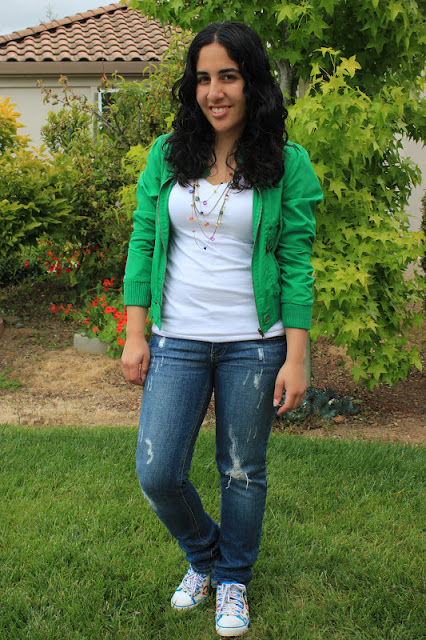 Green Jacket and Destroyed Denim Jeans