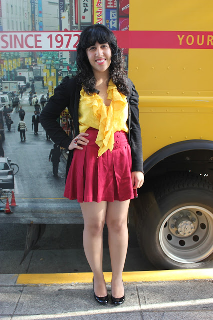 Yellow and Red Color Block Outfit 