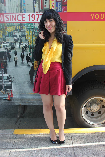 Yellow Ruffle Top and Red Pleated Skirt Outfit