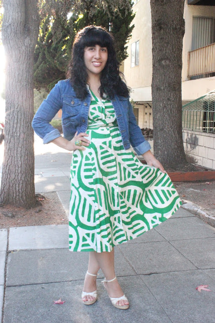 Denim Jacket and Green Shirt Dress