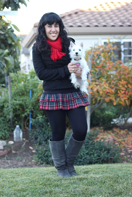 Plaid Skirt and White Dog