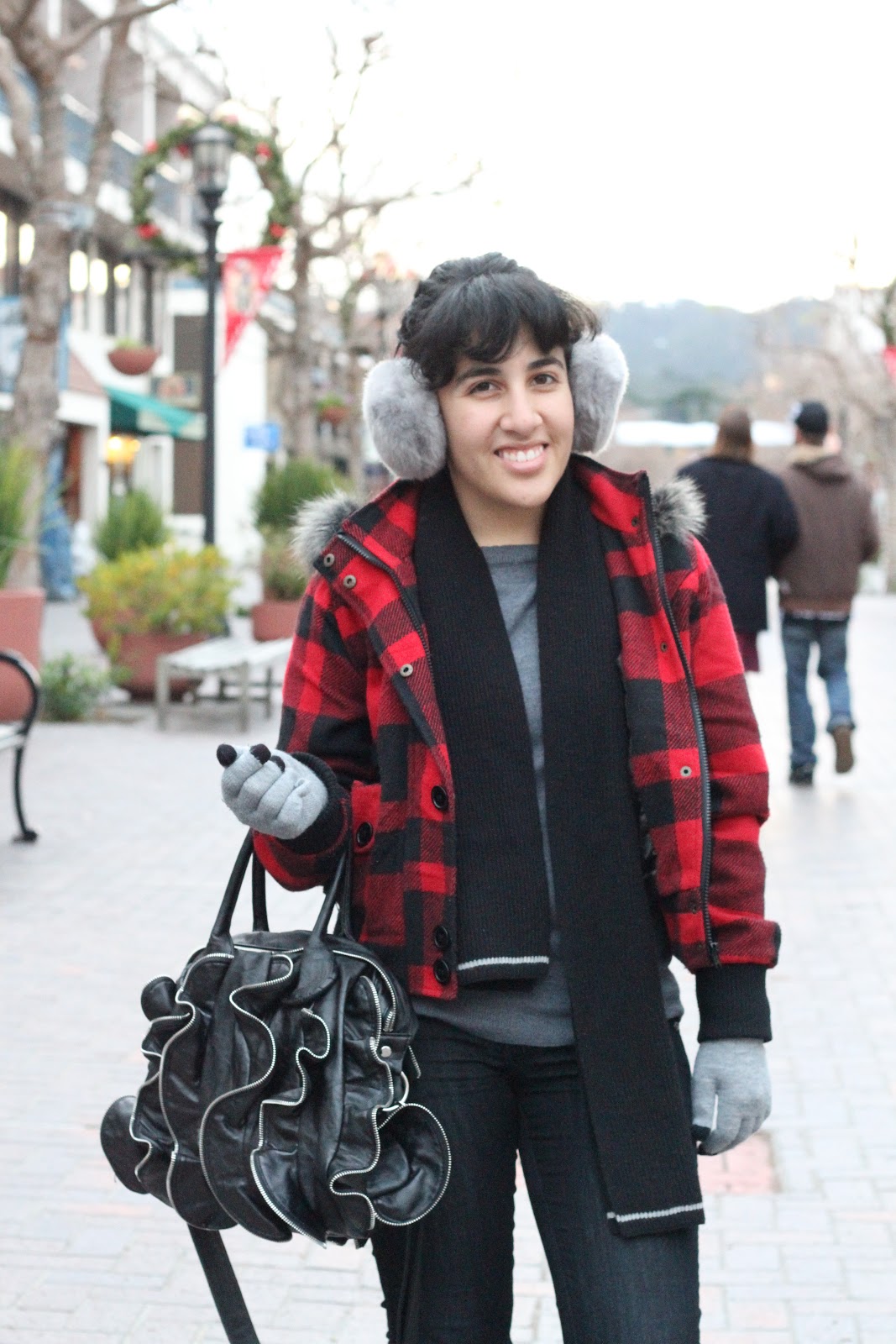 Red Plaid Winter Jacket and Boots Winter Outfit