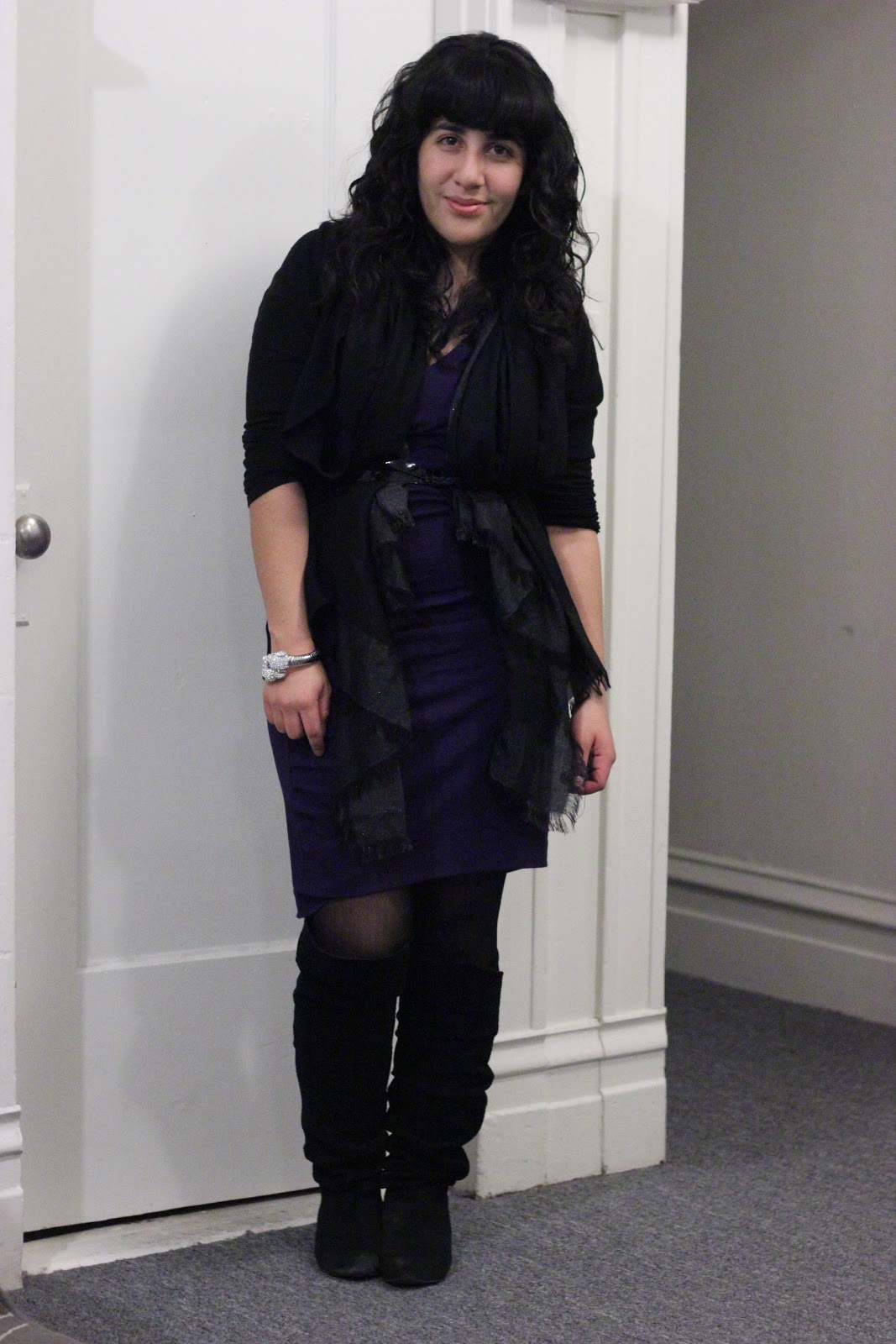 DVF Purple Dress and F21 Cardigan Winter Outfit