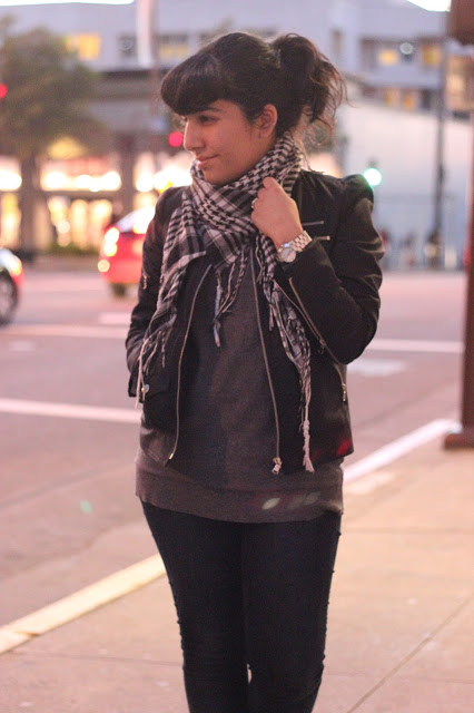 Black and White Scarf, Jacket, and Jeans