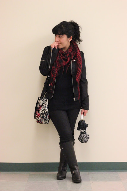 Black and Red Rainy Day Rain Boots Outfit