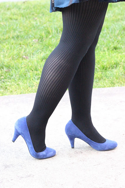 Textured Tights and Blue Suede Pumps