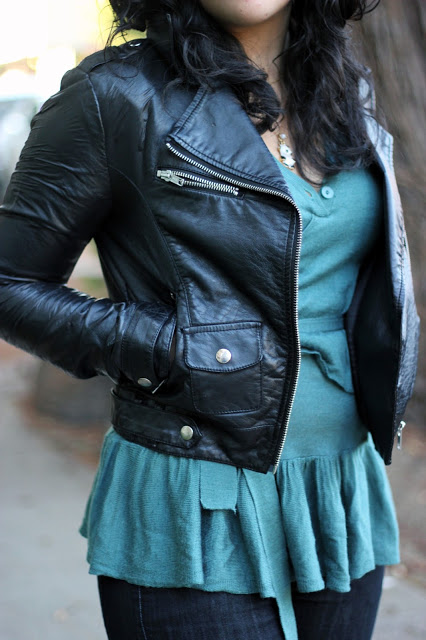 H&M Leather Jacket and Teal Sweater