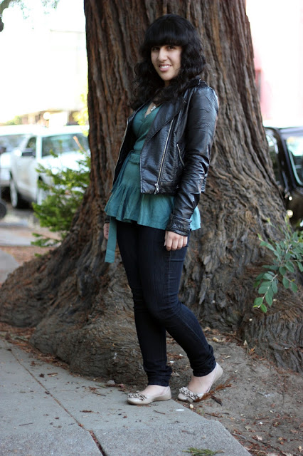 Leather Jacket, Sweater, Jeans and Flats