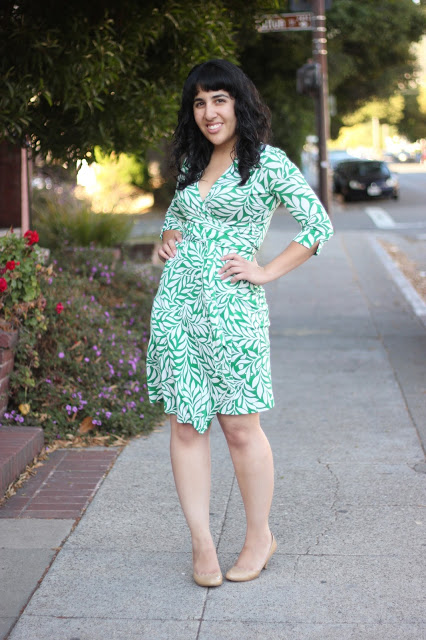 Green Laurel Vintage Print DVF Wrap Dress Blogger Office Style