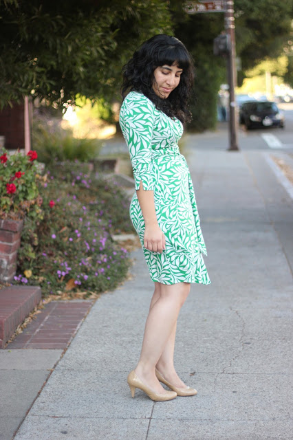 Green Laurel Vintage Print DVF Wrap Dress Office Outfit Inspiration