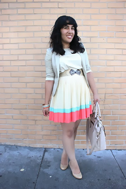 Mint, Coral, Beige Pleated Skirt