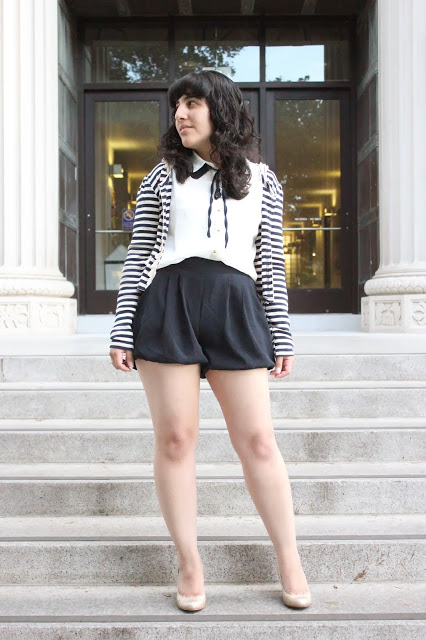 Striped Cardigan and Navy Shorts