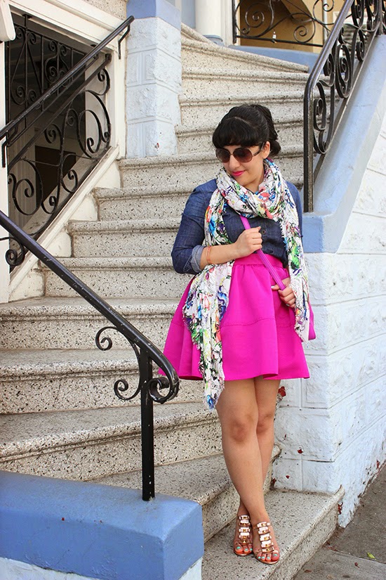 Floral Scarf, Chambray Shirt and Pink Cupcake Skirt
