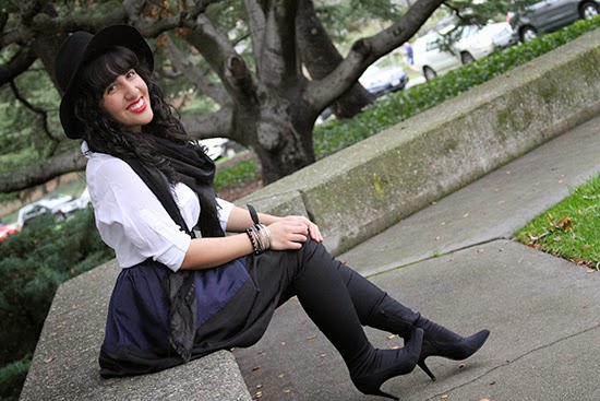 Classic Black Hat White Button Down and Knee High Boots