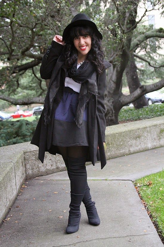 Black Coat x Wool Felt Hat x Thigh High Boots