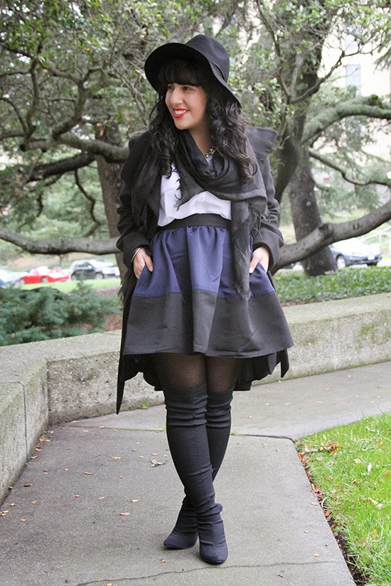 Express Black Felt Hat, Portofino Shirt and Colorblock High Waist Skirt