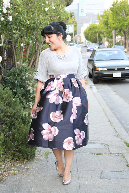 Peach Blossom Print Skirt and Metallic Heels