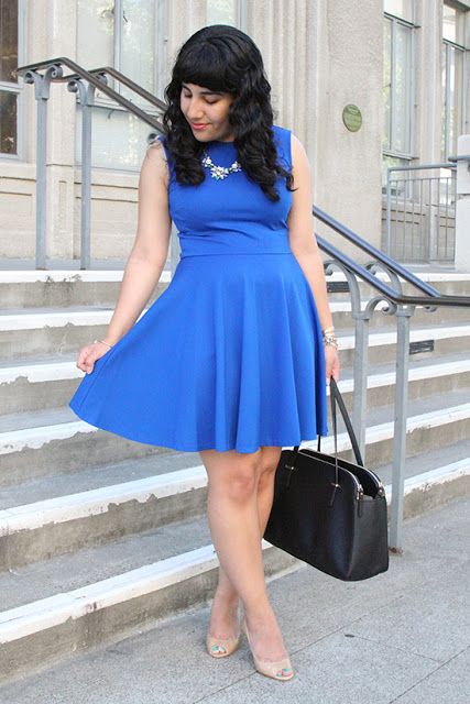 Blue Pleated Skater Dress Outfit