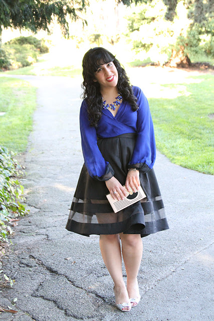 Royal Blue Wrap Top and Express Skirt with Sheer Panels