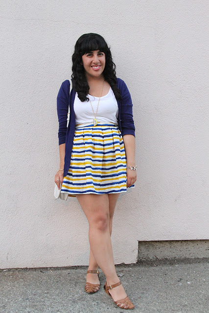 Navy Cardigan and Striped Blue and Yellow Skirt