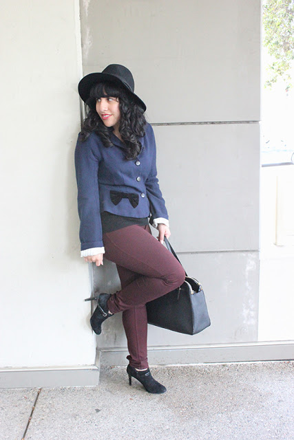 Navy Coat, Burgundy Pants, Hat and Booties Fall Outfit