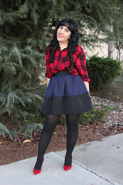 Express Red Plaid Shirt and High Waist Skirt Winter Outfit