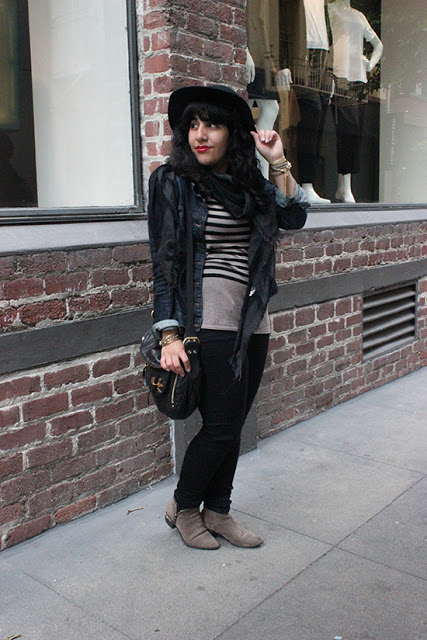 Black Wool Hat Striped Sweater Black Skinny Jeans