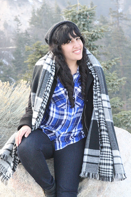 Express Coat and Blue Plaid Button Down Winter Mountain Cabin Outfit Inspiration