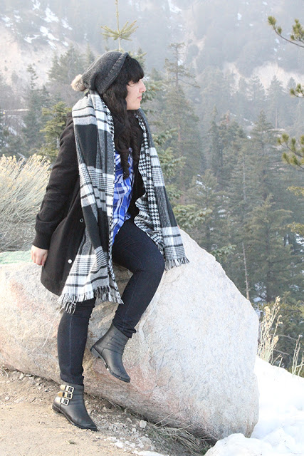 Big Bear Mountain Blanket Scarf and Boots Winter Outfit Inspiration