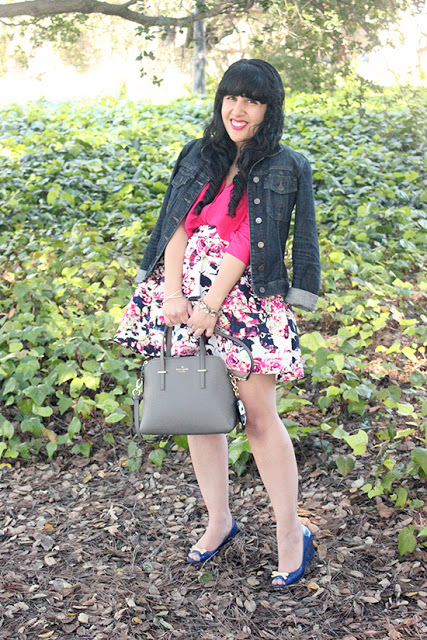 Jean Jacket and Express Floral Print Skirt Spring Outfit