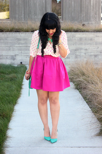 Express Portofino Polka Dot Blouse and Pink Skirt