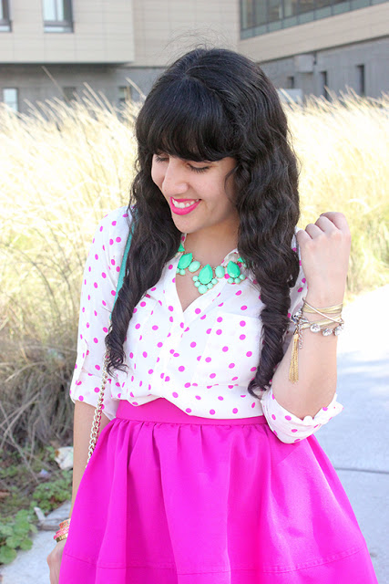 Express Polka Dot Portofino Blouse and High Waist Skirt Outfit