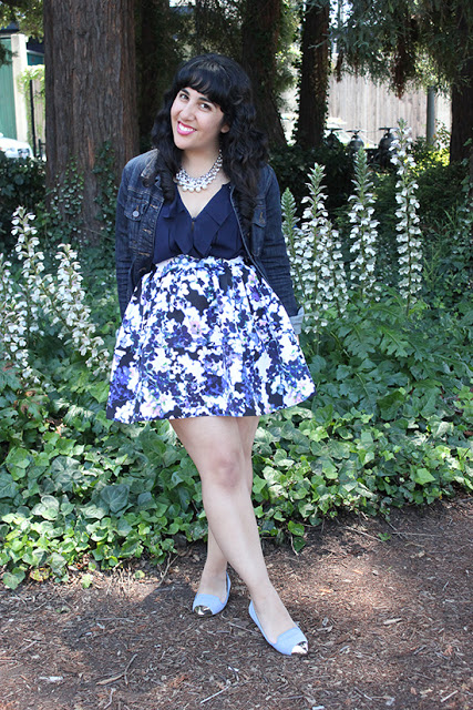 LE TOTE Denim Jacket and Blue Floral Express Skirt Summer Outfit