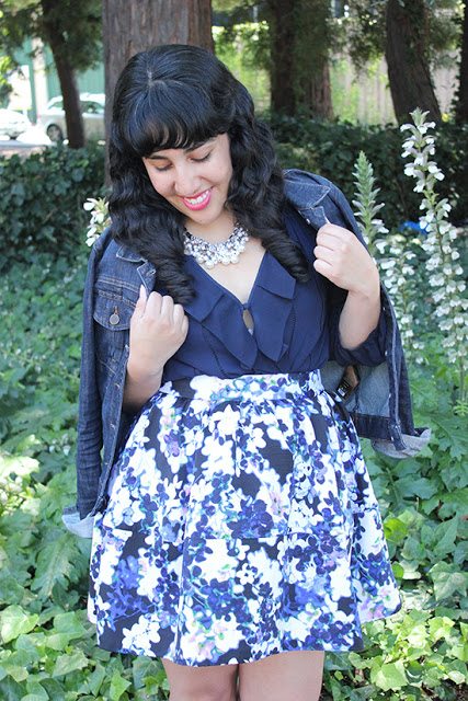 Shades of Blue Denim Jacket and Floral Skirt Summer Outfit