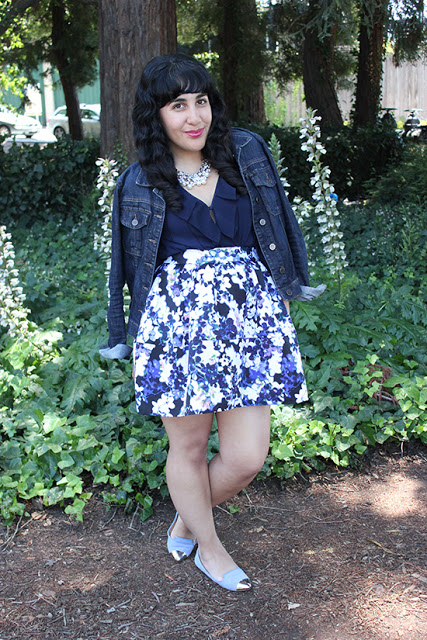 Shades of Blue Denim Jacket and Floral Skirt Summer Outfit