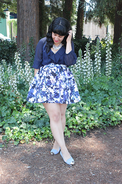 DVF Navy Silk Blouse and Express Blue Floral Skirt