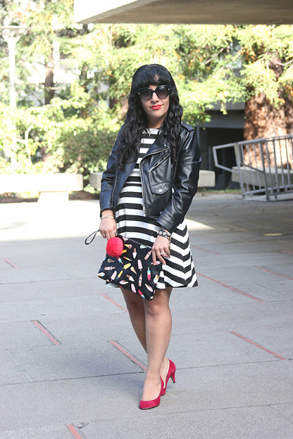 Striped Dress and Mixed Print Clutch Leather Jacket Blogger Outfit