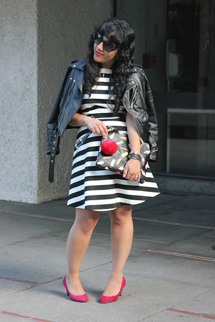 Cece Striped Fit and Flare Dress and Leather Jacket Blogger Outfit