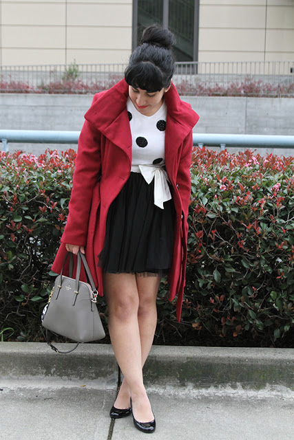 Holiday Red Coat and Black Tulle Skirt Winter Outfit