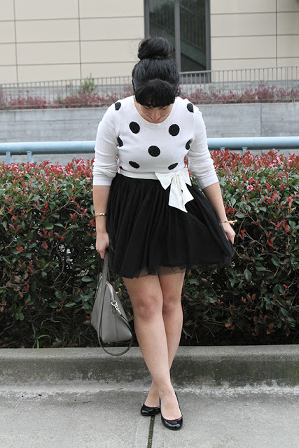 Polka Dot Sweater and Black Tulle Skirt Winter Outfit Inspiration