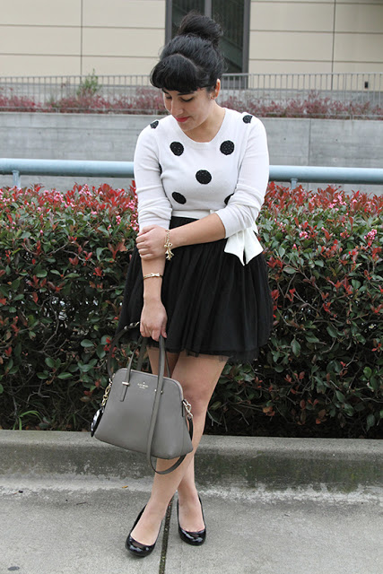 Polka Dot Sweater and Black Tulle Skirt Winter Outfit Inspiration