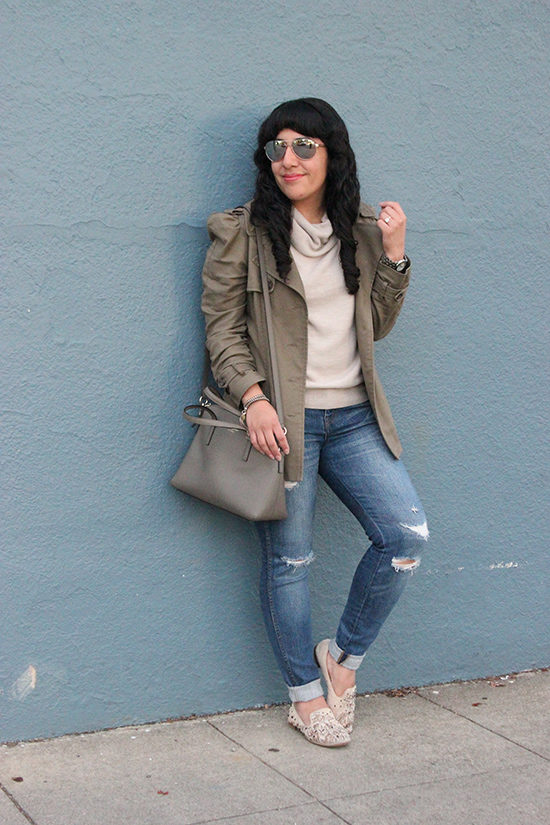 BB Dakota Short Trench and Madewell Ripped Jeans Outfit