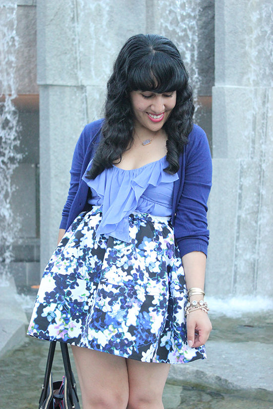 Blue Monochrome Floral Print Skirt Spring Outfit | Will Bake for Shoes