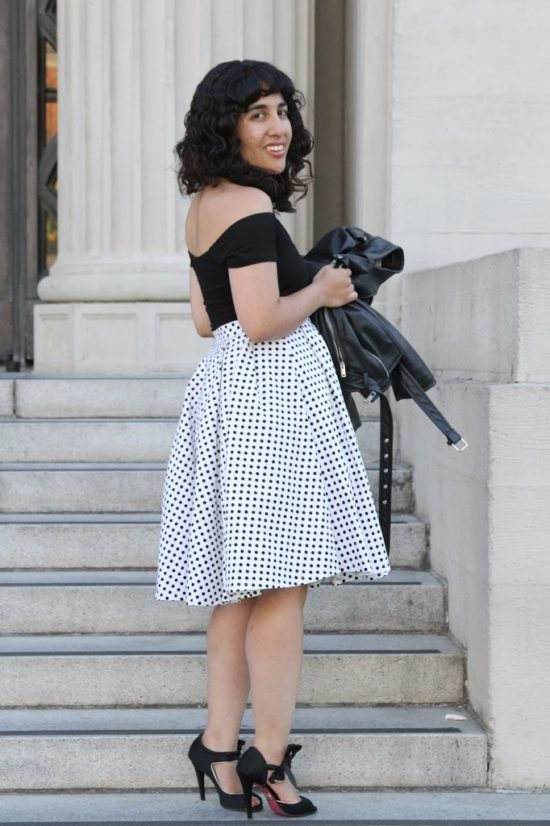 Black Off the Shoulder Bodysuit and Polka Dot Circle Skirt Outfit 