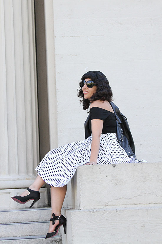 Black Tobi Bodysuit and KTR Collection Polka Dot Skirt Outfit 