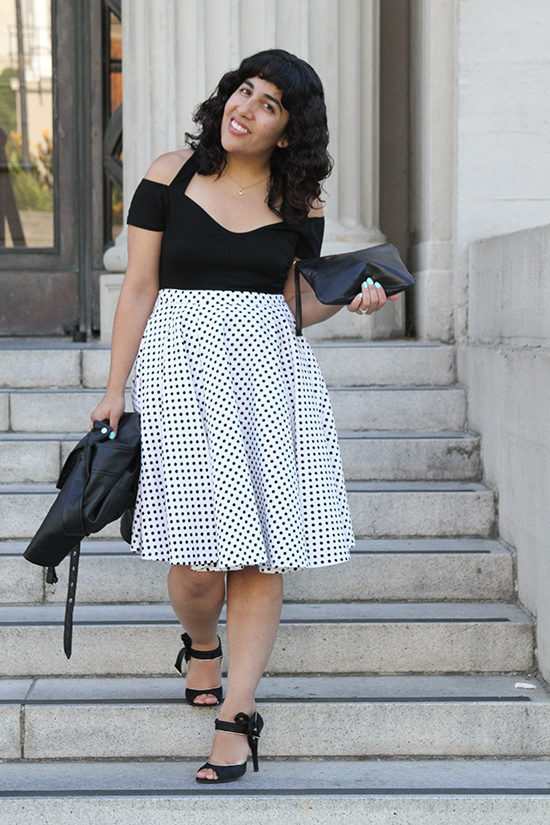 Black Tobi Bodysuit and KTR Collection Polka Dot Skirt Outfit 