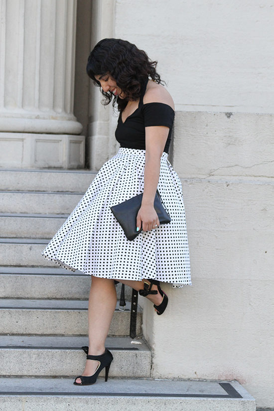Black Off the Shoulder Bodysuit and Polka Dot Circle Skirt Outfit 