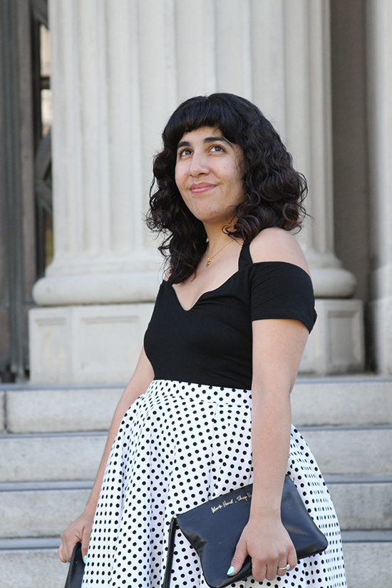 Tobi Ezmae Black Bodysuit and KTR Collection Polka Dot Skirt Outfit